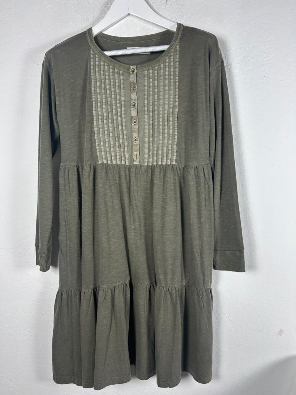 Lucky Brand Women's Pintuck Tiered Knit Henley Dress Small Olive Green NWOT